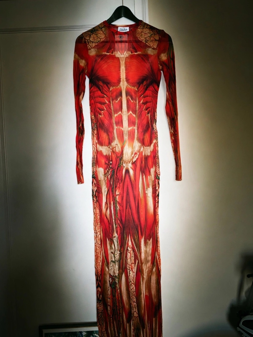 Jean Paul Gaultier Red The Ecorche Print Long Sleeve Maxi Mesh Dress